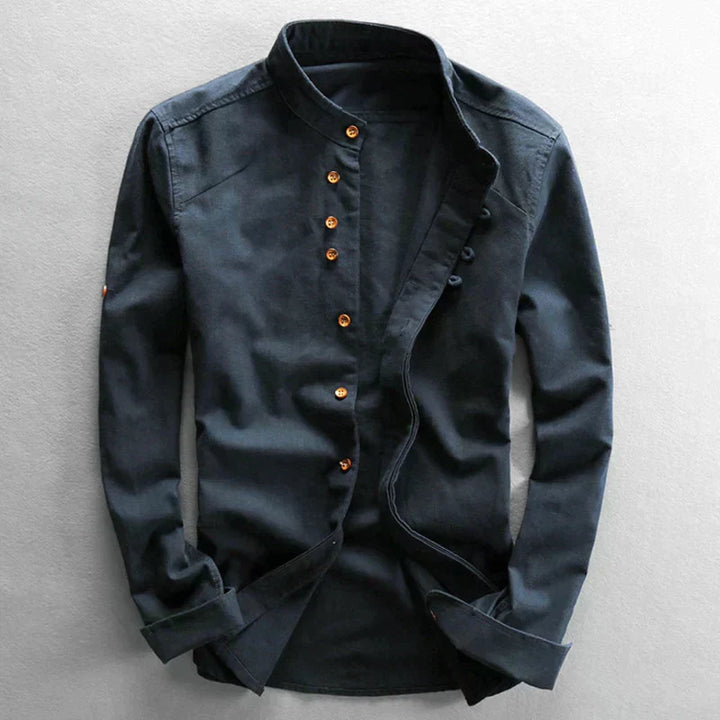 Stylisches Langarmhemd für Herren mit japanischem Flair, ideal für Sommer-Looks und gehobene Freizeit.
