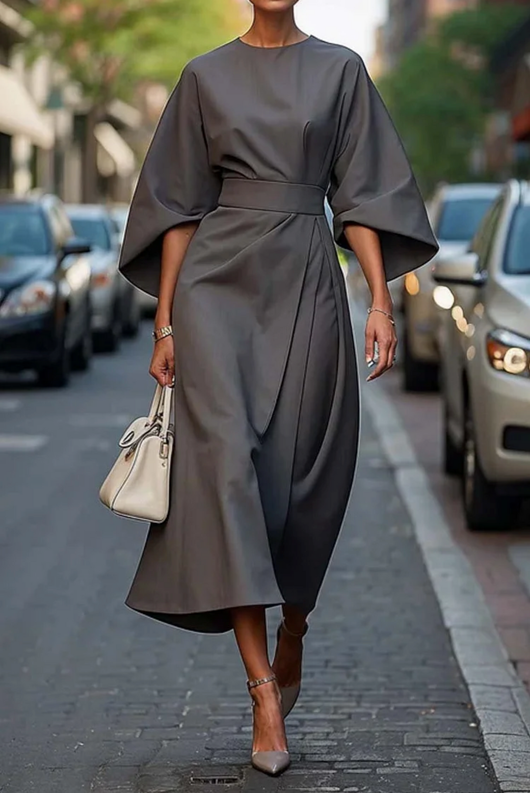 Jade Damen Cocktail- und Abendkleid, midi-lang, mit Taillengürtel und eleganten Laternenärmeln.
