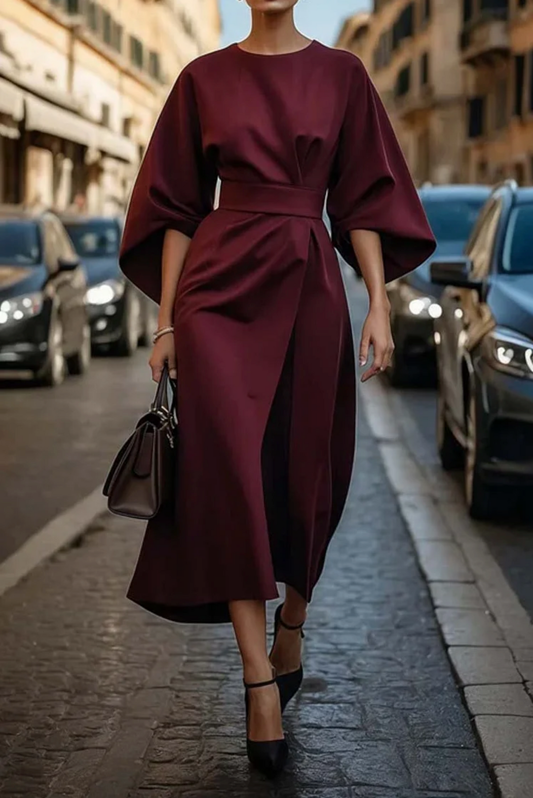 Stilvolle Jade Abendmode für Frauen: elegantes Midikleid mit Taillengürtel und Laternenärmeln.