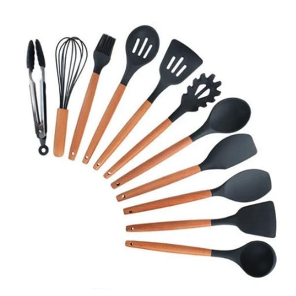 Antihaft Küchenhelfer Set mit Silikonköpfen und ästhetischen Holzgriffen.