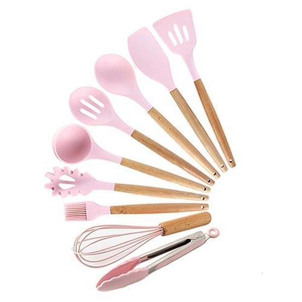 Exklusives Küchenutensilien Set mit farbigen Silikonköpfen und schönen Holzgriffen.