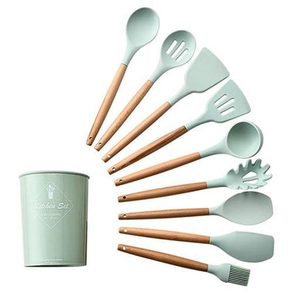 Elegantes Set aus Silikon-Küchenutensilien mit langlebigen Holzgriffen.
