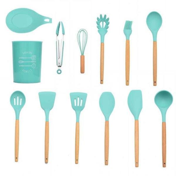 Das perfekte Geschenk: Elegantes Küchenutensilien Set mit Silikon und Holzgriffen.