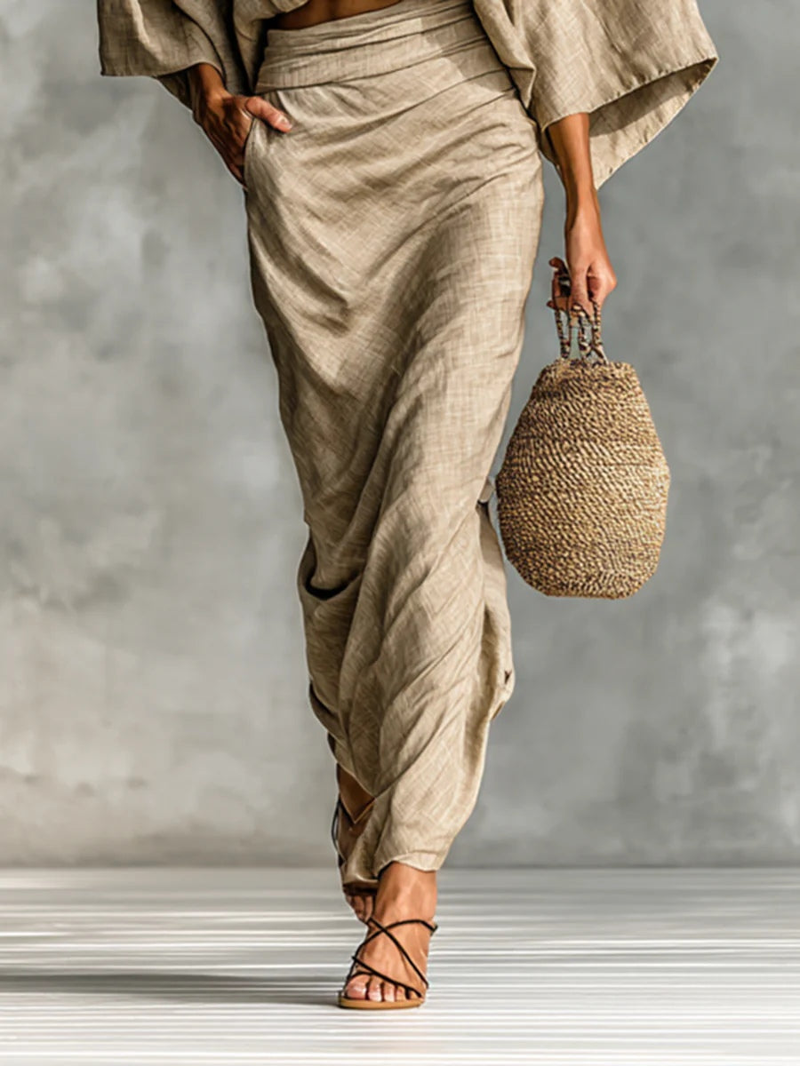 Stilvolles Khaki Damen Set für Frühling/Sommer: lockeres Oberteil mit Batwing-Ärmeln und eleganter Maxirock. Komfortable Passform.
