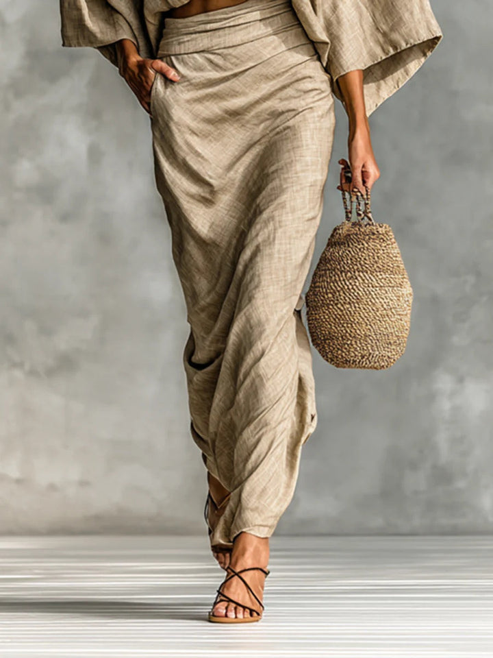 Stilvolles Khaki Damen Set für Frühling/Sommer: lockeres Oberteil mit Batwing-Ärmeln und eleganter Maxirock. Komfortable Passform.