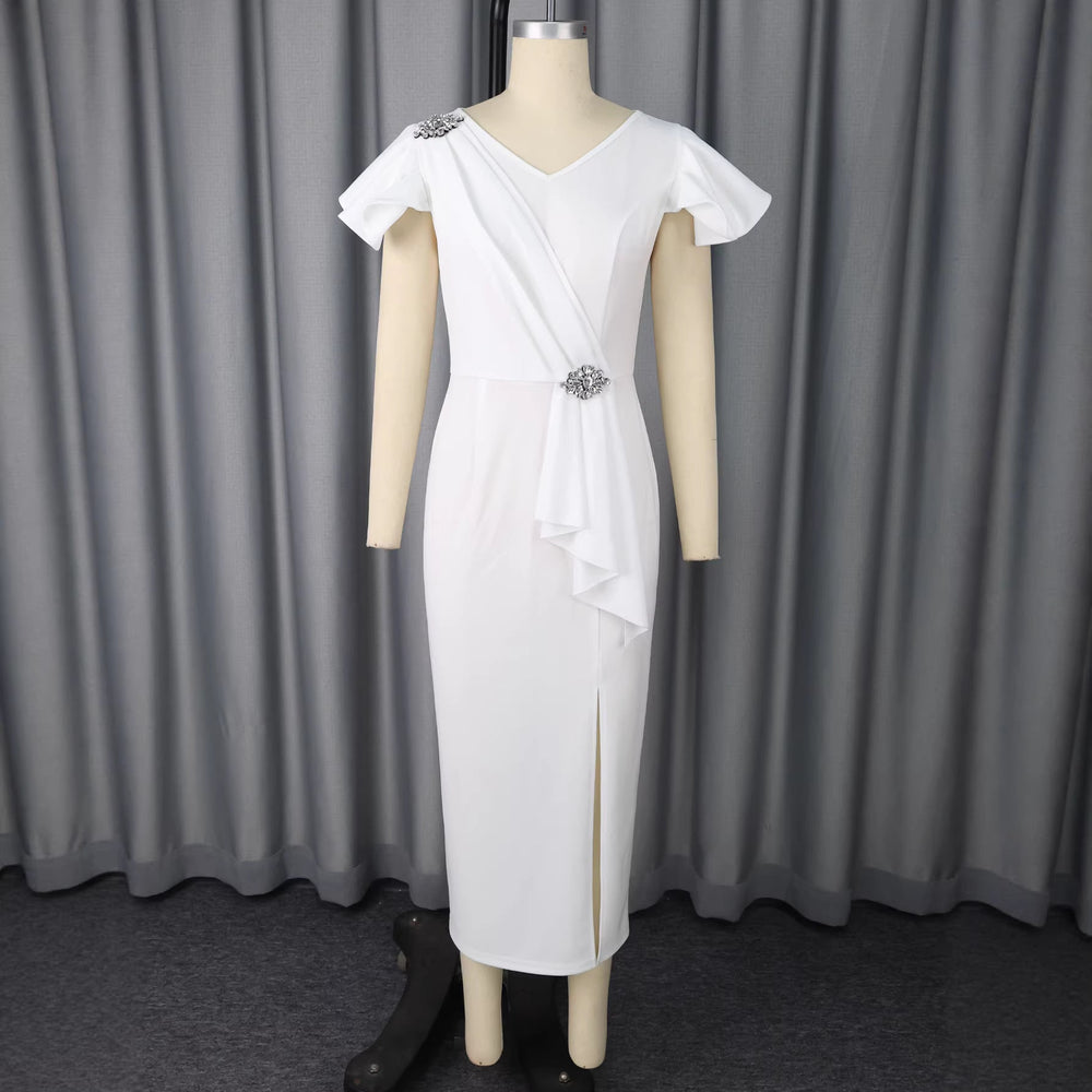 Figurbetonendes weißes Damen Partykleid mit V-Ausschnitt, stilvolle Puffärmel für Hochzeiten & festliche Events.