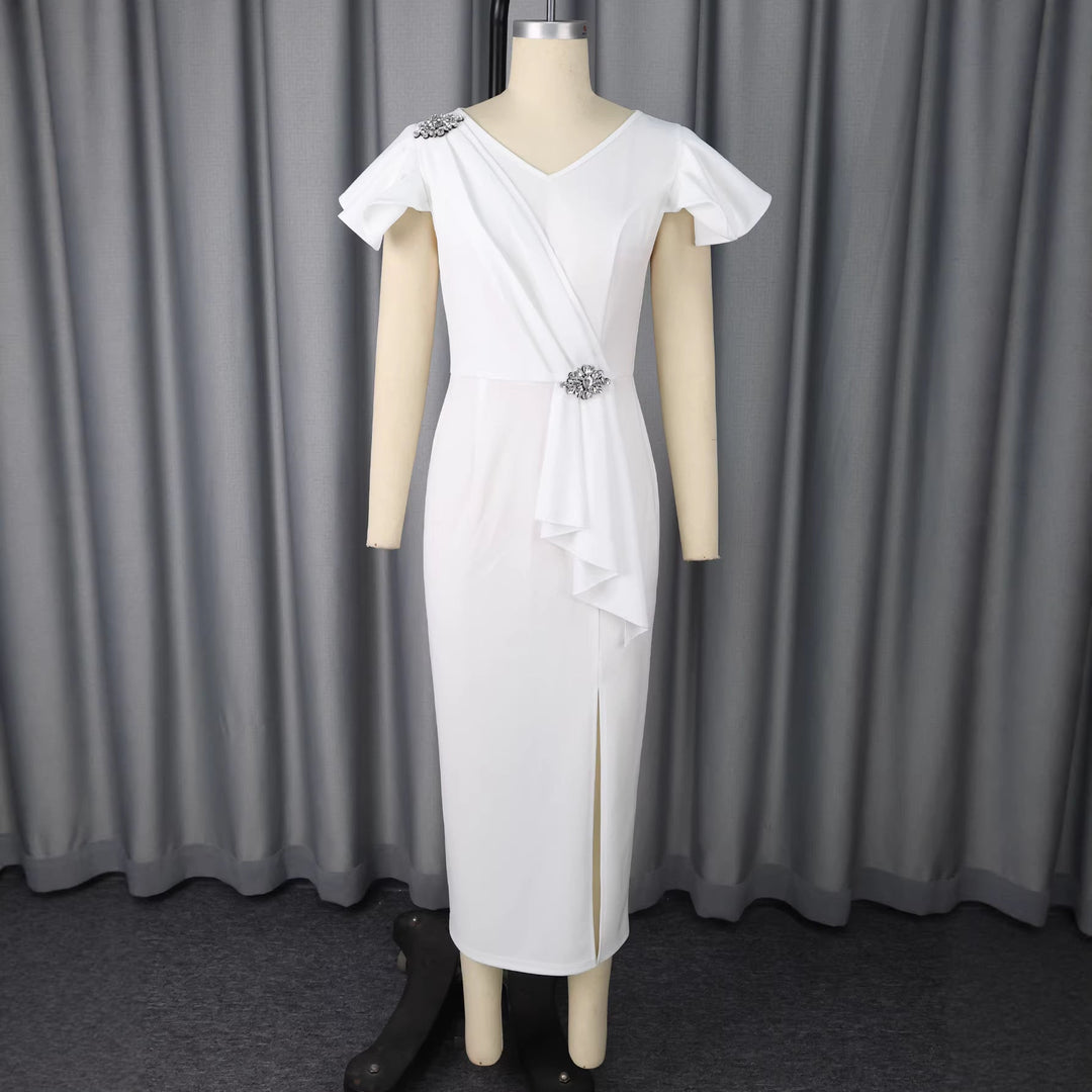 Figurbetonendes weißes Damen Partykleid mit V-Ausschnitt, stilvolle Puffärmel für Hochzeiten & festliche Events.