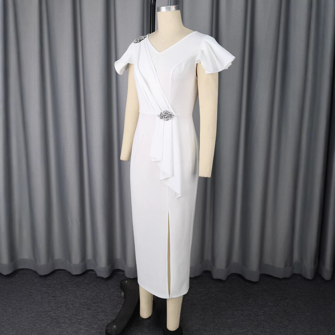 Elegantes Damen Abendkleid, lang & weiß, mit modischen Puffärmeln, ideal für festliche Galas & besondere Abende.