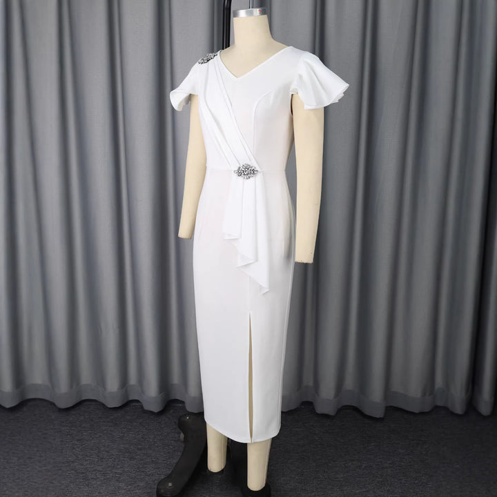 Elegantes Damen Abendkleid, lang & weiß, mit modischen Puffärmeln, ideal für festliche Galas & besondere Abende.