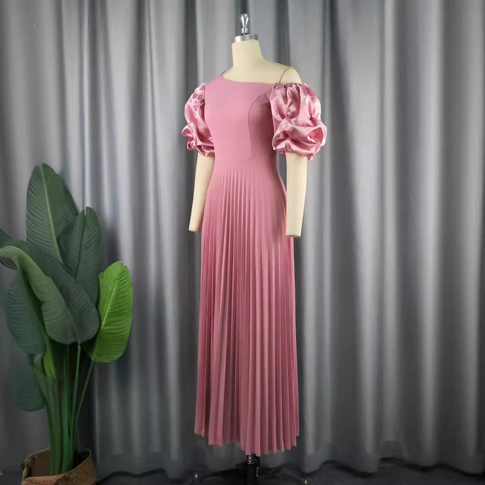 Festliches Abendkleid für Damen, lila, asymmetrisch mit großen Puffärmeln, ideal für Hochzeitsgäste.