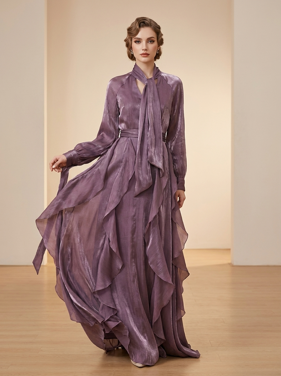 Elegantes lila Damen Maxikleid mit Rüschen, Bindeband und langen Ärmeln. Ideal für festliche Anlässe und Freizeit.
