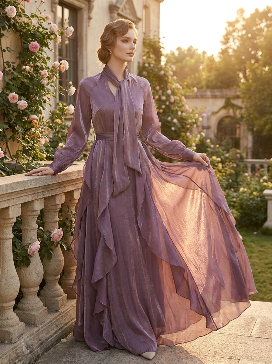 Fließendes lila Langarm-Maxikleid für Damen mit zarten Rüschen und Bindedetail. Perfekt für Frühling & Sommer.