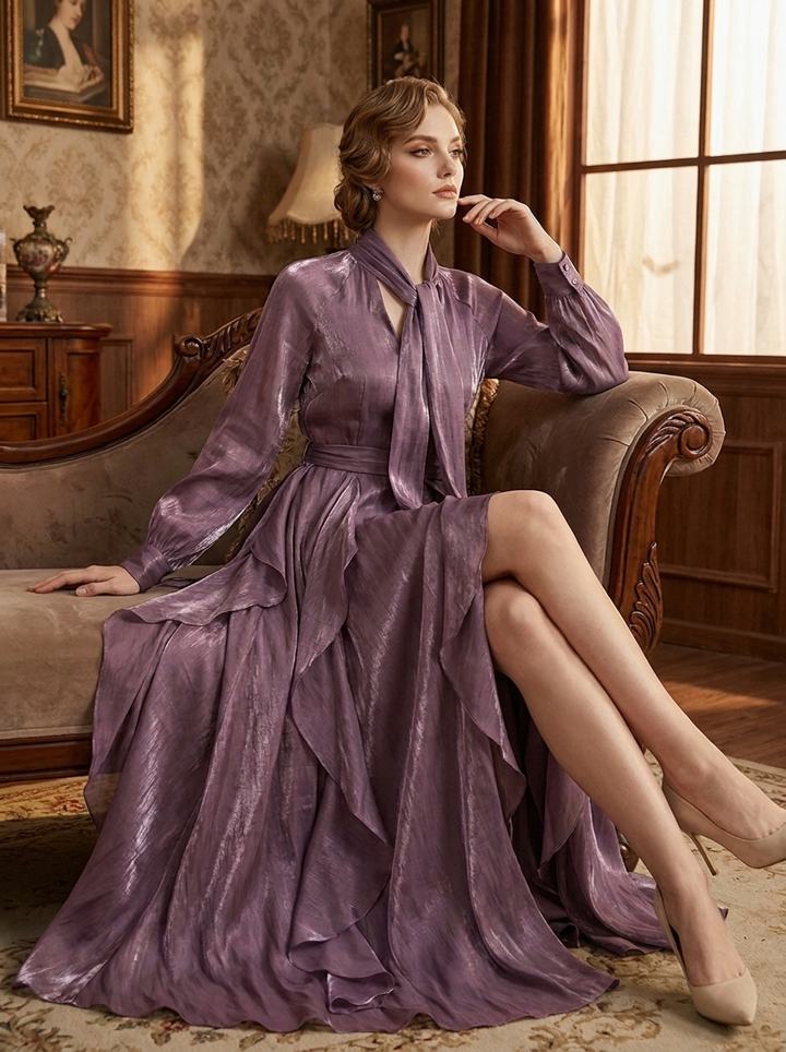 Vielseitiges lila Langarm-Maxikleid mit Rüschensaum und Bindeband. Ein bequemes und elegantes Damenkleid für viele Gelegenheiten.