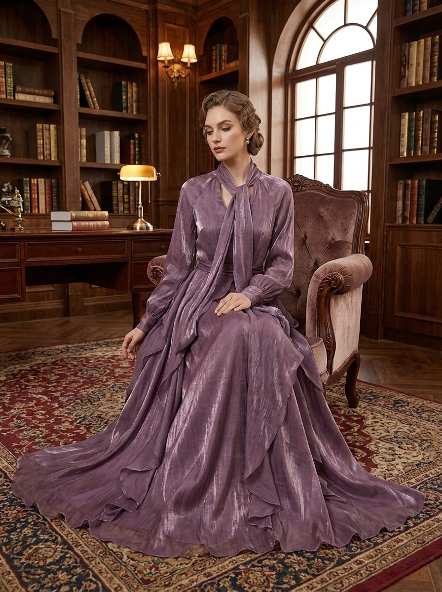 Festliches lila Damen Maxikleid, Langarm, mit verspielten Rüschen und einem modischen Bindeband für einen Hauch Eleganz.