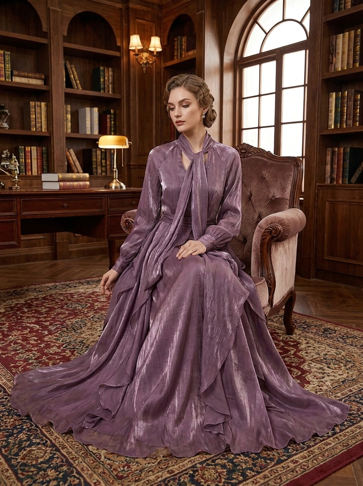 Festliches lila Damen Maxikleid, Langarm, mit verspielten Rüschen und einem modischen Bindeband für einen Hauch Eleganz.