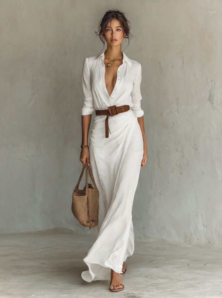 Frau trägt ein stilvolles, langes Damen Maxikleid, das Eleganz und Komfort vereint.