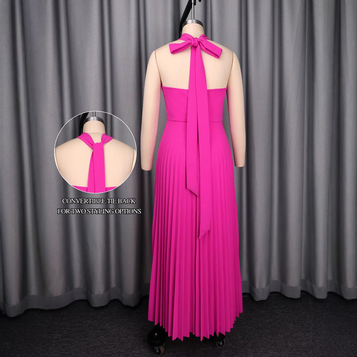 Chic plissiertes Maxikleid für Frauen in Magenta, mit eleganten Blumenapplikationen, ideal für Sommerpartys und Events.