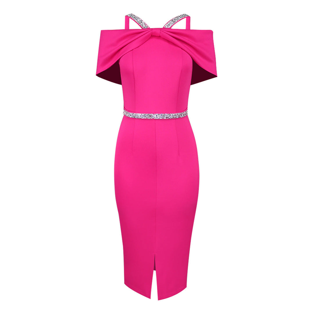Figurbetontes elegantes Damen Midikleid in Magenta, schulterfrei, ideal für Abendpartys und Feiern.