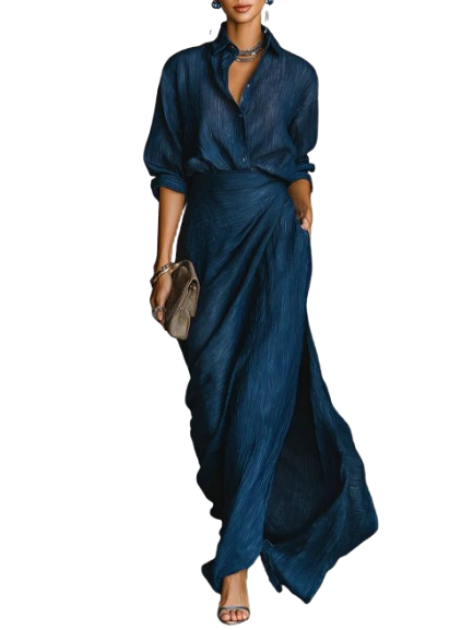 Modernes marineblaues Damen-Set mit elegantem Langarm-Oberteil und weitem Maxi-Rock. Perfekt für stilvolle Auftritte.