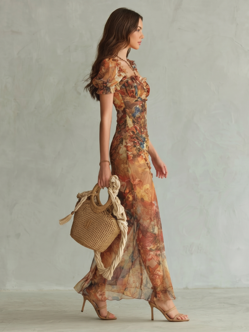 Stylisches Damen Midi Raffkleid mit seitlichem Schlitz und femininen Rüschen, perfekt für Tages-Events.