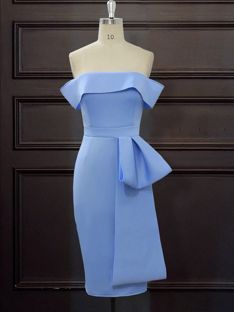 Off-Shoulder Rüschenkleid Damen, asymmetrisch geschnitten, ideal für festliche Anlässe & Sommerpartys.