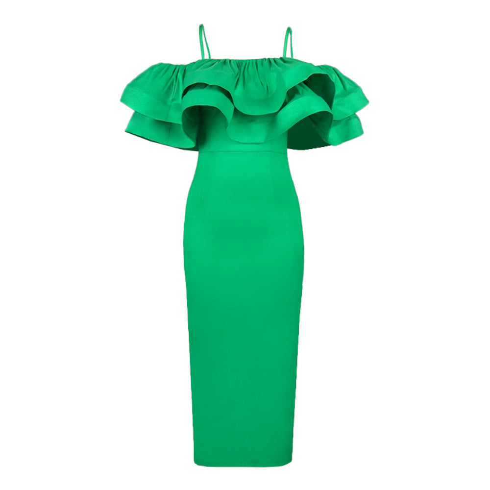Stilvolles Damen Off-Shoulder Rüschenkleid, voluminöser Saum, perfekt als Abend- oder Eventkleid.