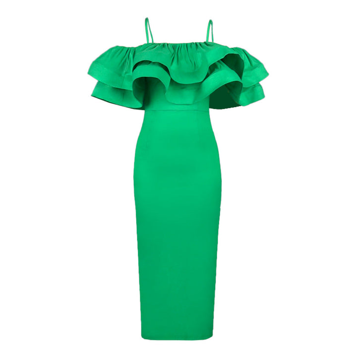 Stilvolles Damen Off-Shoulder Rüschenkleid, voluminöser Saum, perfekt als Abend- oder Eventkleid.