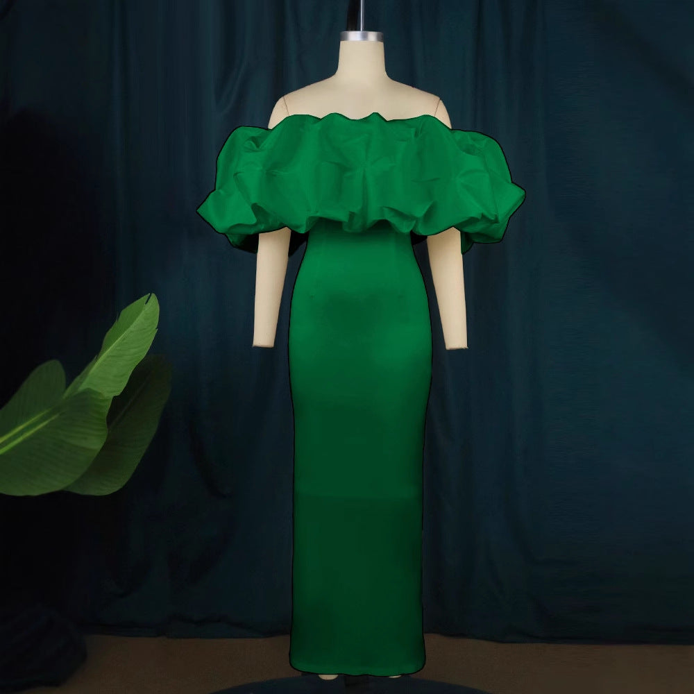 Stilvolles Damen Maxikleid Off-Shoulder, festlich & anmutig mit Rüschensaum für besondere Anlässe.