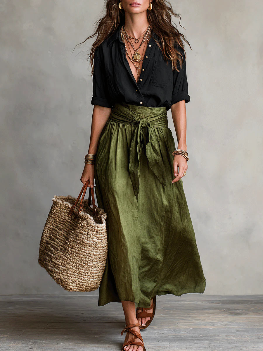 Elegantes olivgrünes Damen Zweiteiler Set: Langarmshirt und Midirock, perfekt für Business Casual oder Freizeitlook.