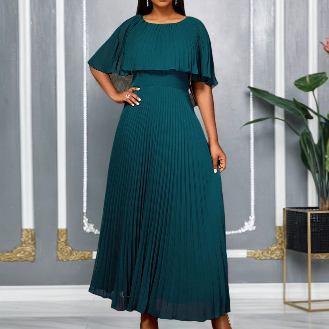 Elegantes Plissee Maxi-Kleid für Damen in Schwarzgrün. Fließende Ärmel, ideal für besondere Anlässe & Feste.