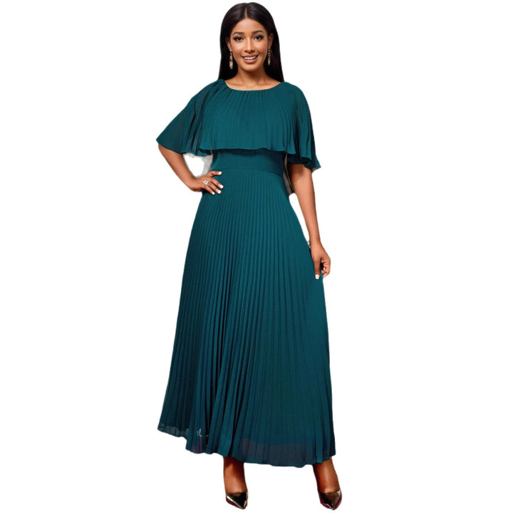 Elegantes Plissee Damen Maxi-Kleid in Schwarzgrün. Fließendes Design mit langen Ärmeln, ideal für festliche Anlässe.