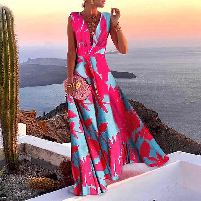 Elegantes ärmelloses Damen Maxikleid mit V-Ausschnitt, perfekt für Sommerurlaub, Strand oder Abend.