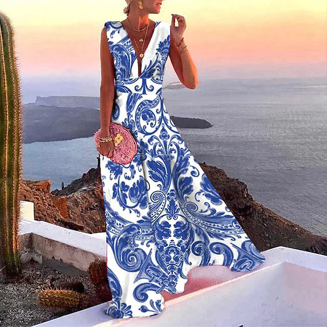 Schickes ärmelloses Damen Maxikleid mit V-Ausschnitt & femininer Taille, vielseitig für Freizeit & Abend.