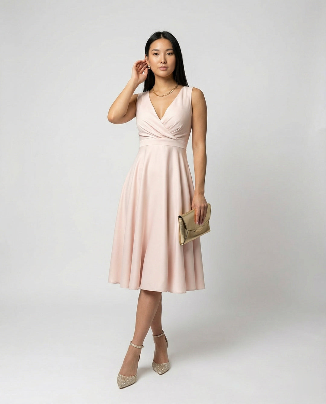 Elegantes ärmelloses Damen Midi A-Linien Cocktailkleid mit V-Ausschnitt für festliche Anlässe und Partys.