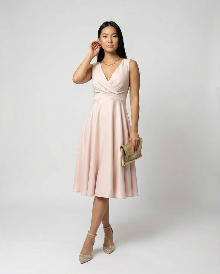 Elegantes ärmelloses Damen Midi A-Linien Cocktailkleid mit V-Ausschnitt für festliche Anlässe und Partys.