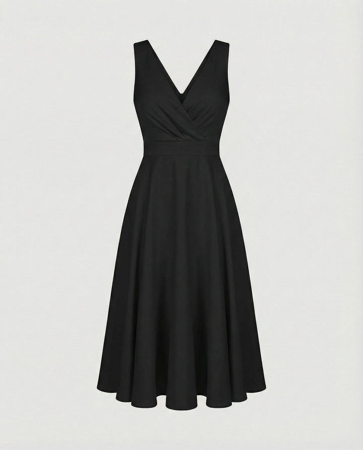 Damen Midi A-Linien Kleid, ärmellos, V-Ausschnitt, elegantes Festkleid für Cocktails und Sommerpartys.