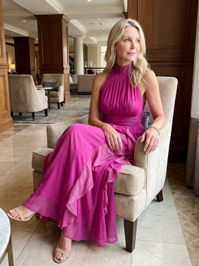 Langes, elegantes rosa Damen Maxikleid Orea mit hohem Kragen und gerafften Rüschen. Ein Must-have für feminine Looks.