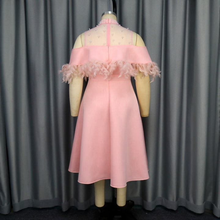 Glamouröses Federkleid in Rosa mit transparenten Puffärmeln, ein elegantes Damenkleid für besondere Anlässe.