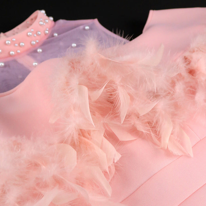 Stilvolles Damenkleid in zartem Rosa mit auffälligen transparenten Puffärmeln & luxuriösen Federdetails.
