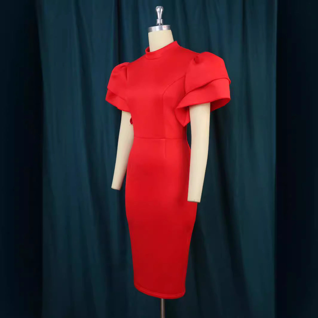 Modisches figurbetontes Cocktailkleid für Damen mit auffälligen Rüschenärmeln, ideal für Partys & Events.