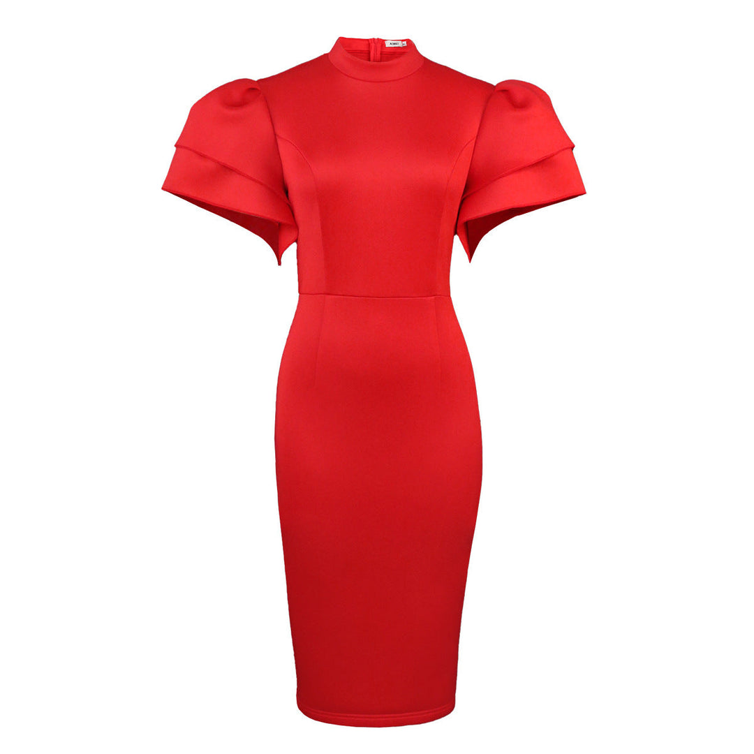 Glamouröses rotes Damen Bodycon Kleid mit einzigartigen Rüschenärmeln, ideal als festliches Abendkleid.