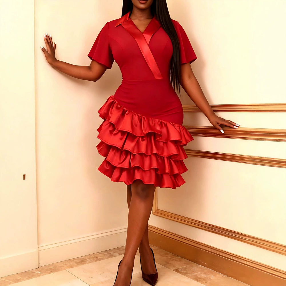 Stilvolles Damen V-Ausschnitt Abendkleid in Rot, perfekt als festliches Rüschen- oder Partykleid.