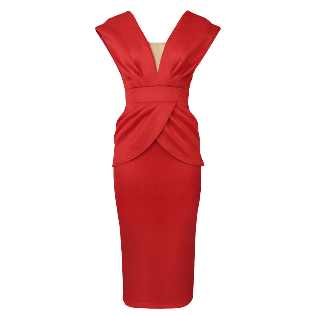 Figurschmeichelndes rotes Damen Wickelkleid mit elegantem V-Ausschnitt für Partys und Abendveranstaltungen.