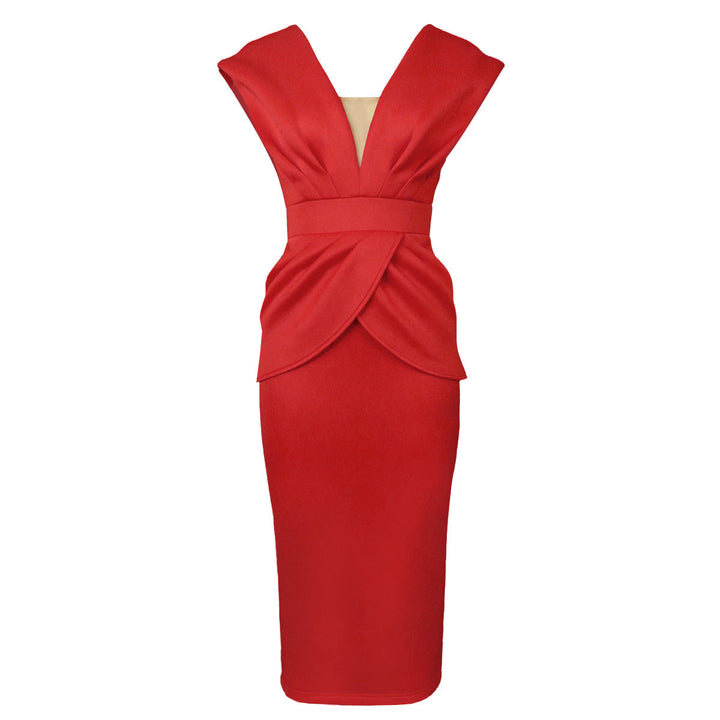 Figurschmeichelndes rotes Damen Wickelkleid mit elegantem V-Ausschnitt für Partys und Abendveranstaltungen.