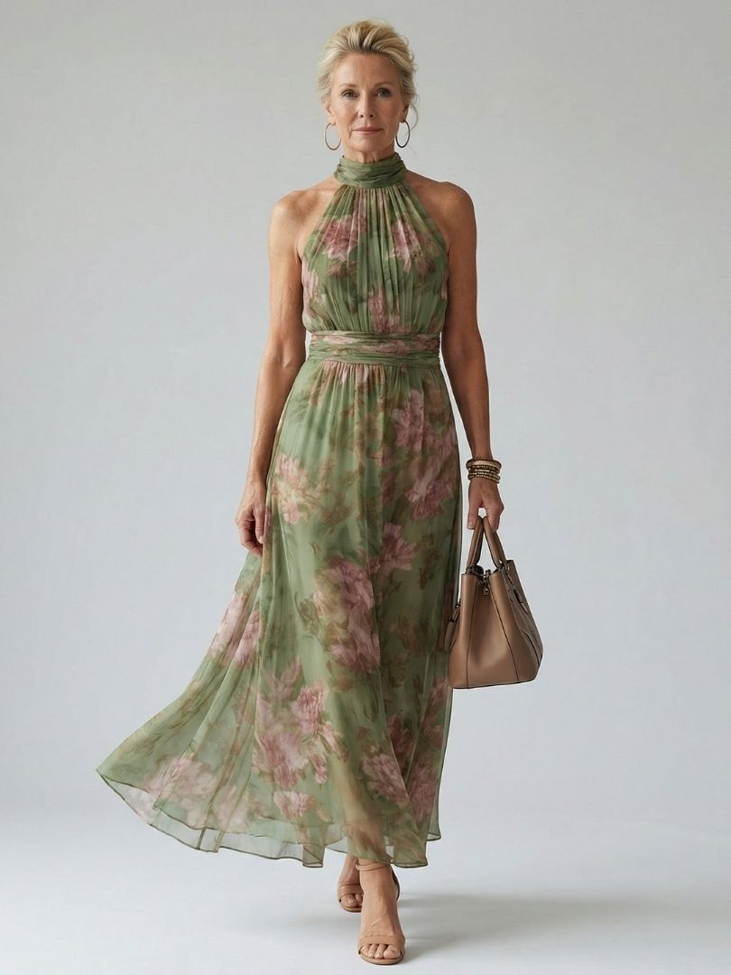 Elegantes salbeigrün Damen Neckholder Midikleid mit gerafftem Dekolleté, figurbetont und ärmellos für jeden Anlass.
