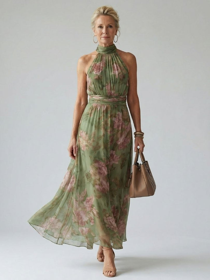 Elegantes salbeigrün Damen Neckholder Midikleid mit gerafftem Dekolleté, figurbetont und ärmellos für jeden Anlass.
