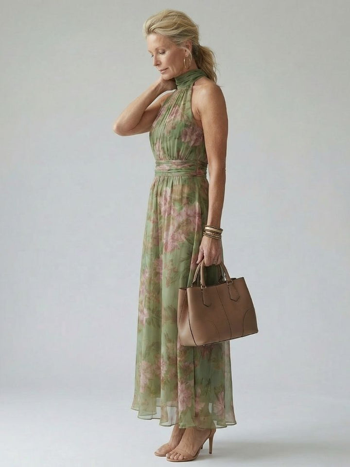 Damen Neckholder Midikleid in Salbeigrün, figurbetont und elegant. Mit gerafftem Dekolleté für Sommer & Abendkleid.