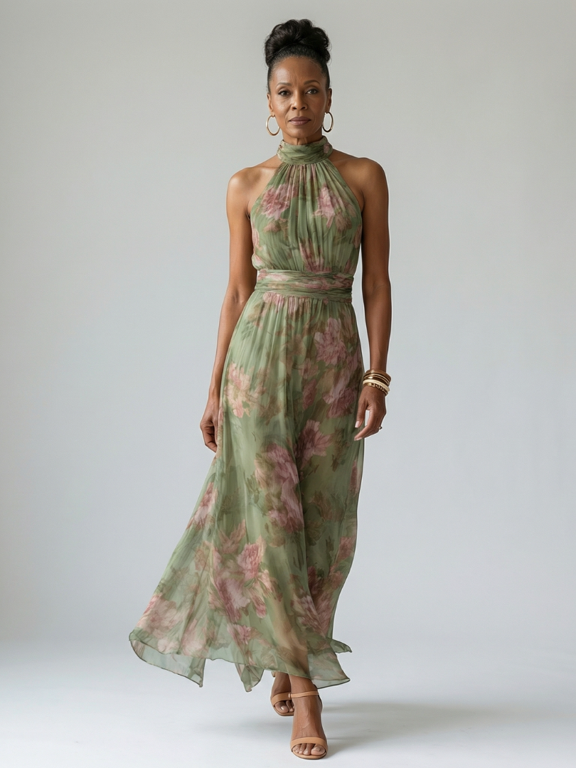 Stylisches salbeigrün Damen Midikleid mit Neckholder und gerafftem Dekolleté. Figurbetont und elegant für Festlichkeiten.