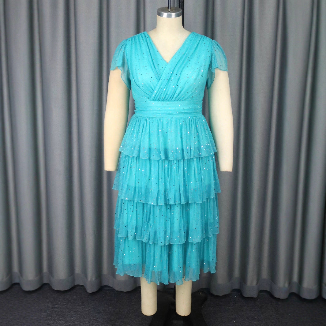 Wunderschönes, schimmerndes Rüschen-Festkleid für Damen mit V-Ausschnitt, elegant & luxuriös für Partys.