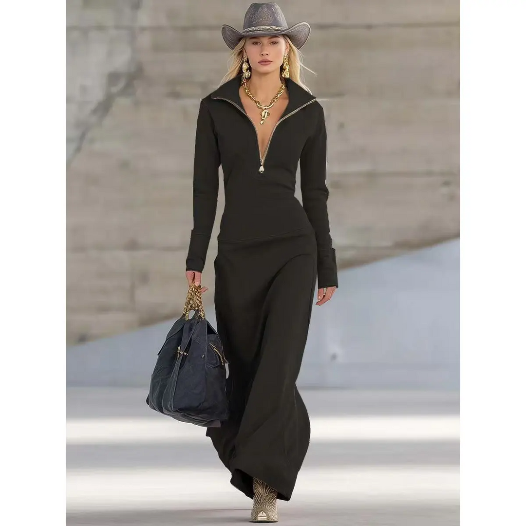 Elegantes, schwarzes Damen Maxikleid mit Rollkragen & Langarm. Lässiges Komfort-Kleid mit Reißverschluss für Herbst/Winter.